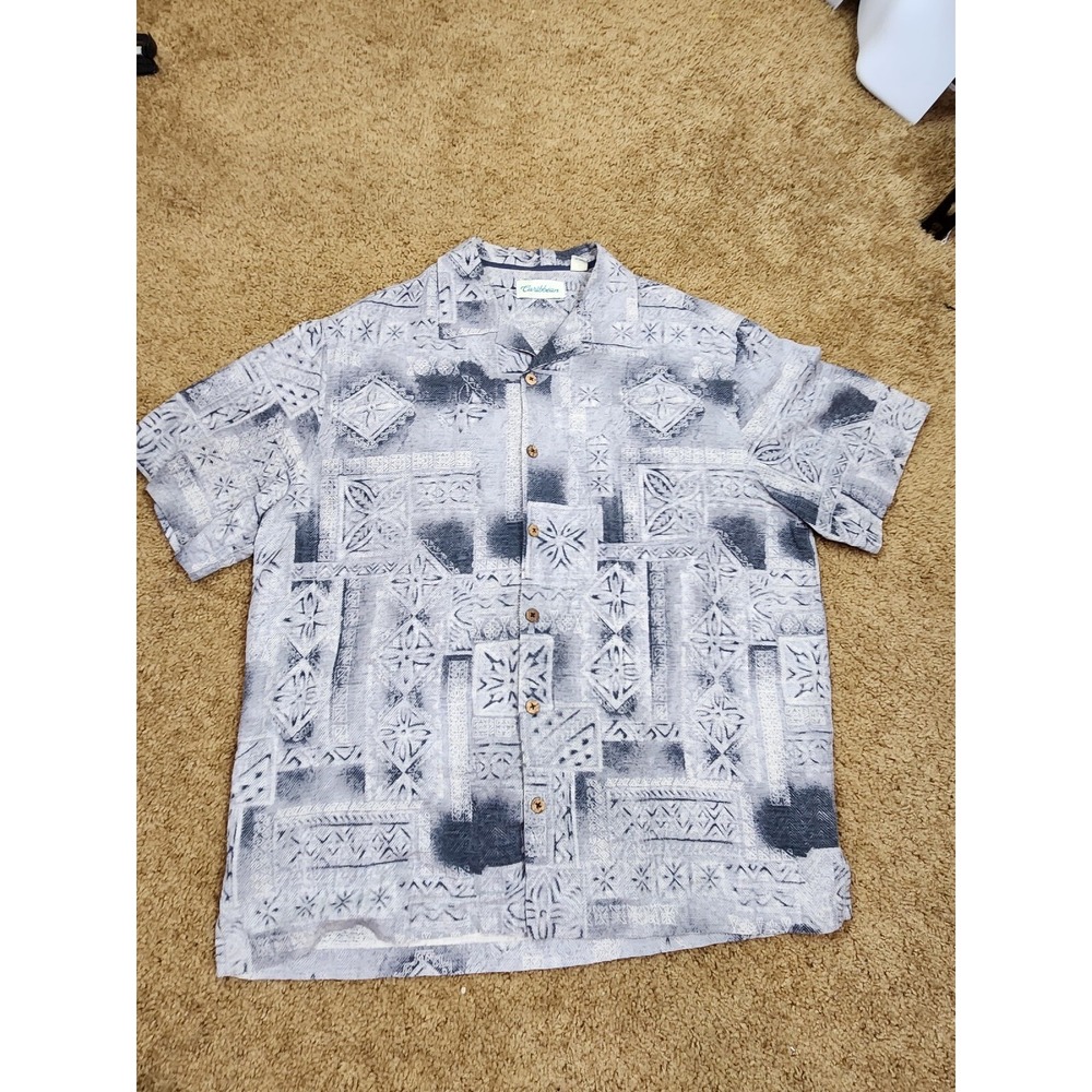 Caribbean Mens 100% Silk Short Sleeve Geometric Batik Button Down Shirt Blue L